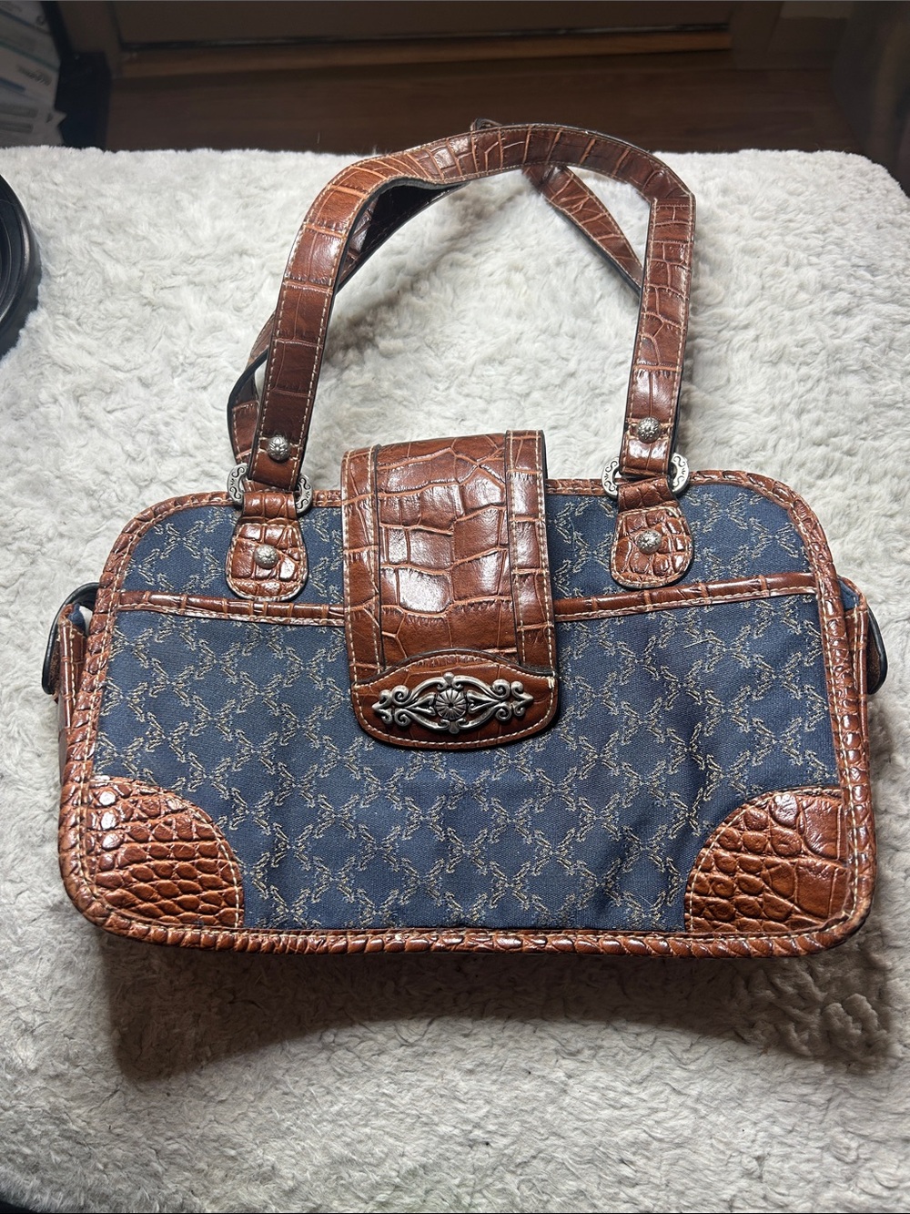 Brown Croc-Trim Navy Tote Handbag
